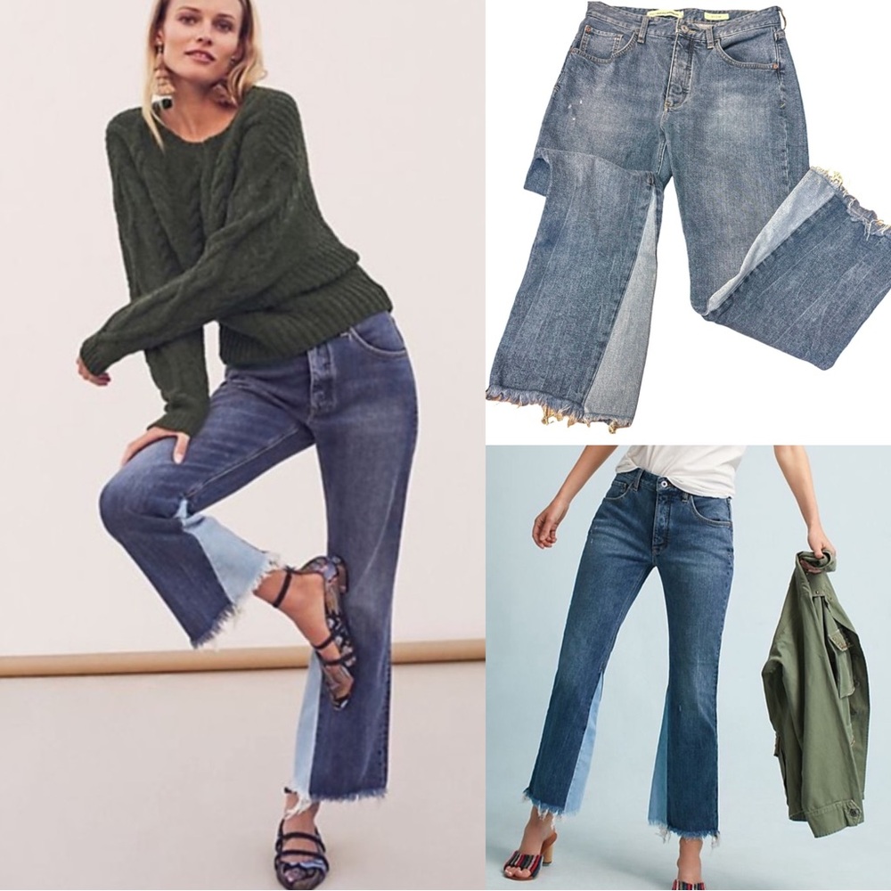 PILCRO ANTHROPOLOGIE High-rise Two tone Flare Raw Hem Cropped Cotton Blend Jeans